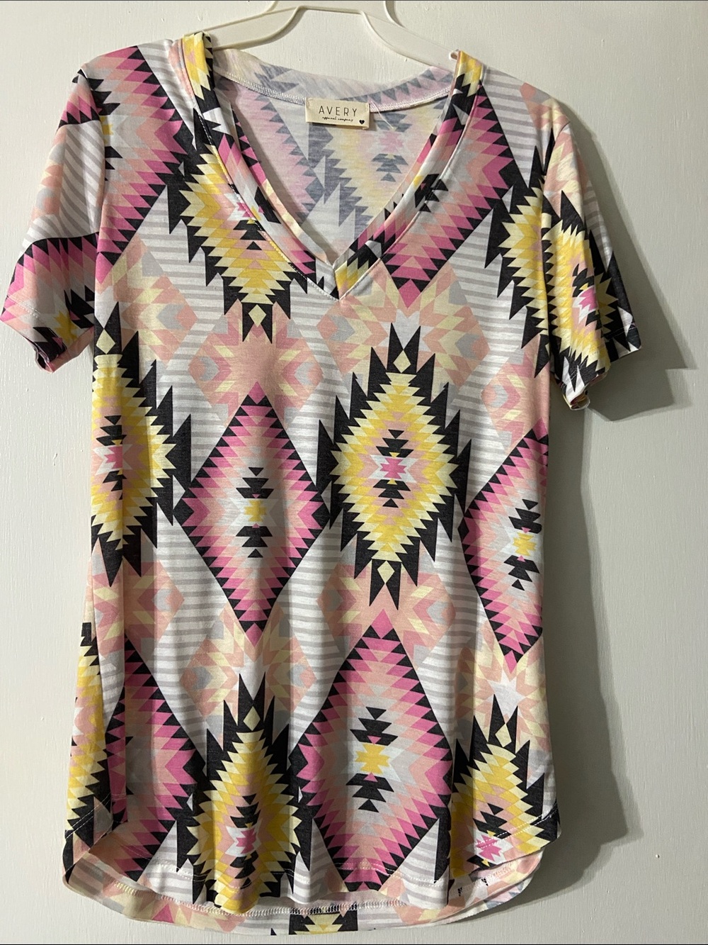 New Avery V-Neck Short Sleeve Tee - Pink, Yellow & Black Geometric